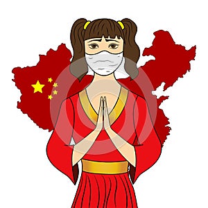 Chinese girl in protection mask put her hands in a pray. Coronavirus epidemy.