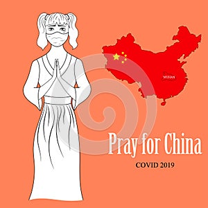 Chinese girl in protection mask put her hands in a pray. Coronavirus epidemy.