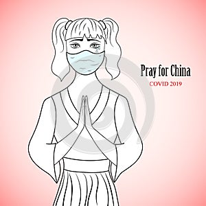 Chinese girl in protection mask put her hands in a pray. Coronavirus epidemy.
