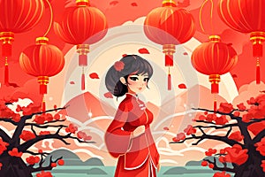 Chinese girl in traditional red dress with lanterns and trees. Generative ai