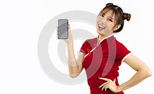 Chinese girl wear red dress holding black blank screem smartphone posing on white background