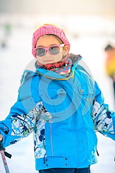 Chinese girls are practicing skiing