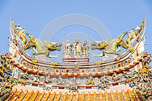 Chinese god sculpture on roof top of chinese temple and some space for write wording, special unique design in chinese style