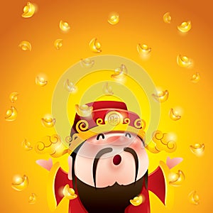 Chinese God of Wealth. Falling gold bullions.