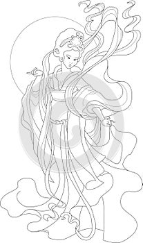 Chinese goddess in flowy vintage retro dress sketch template. Pretty cartoon girl graphic vector illustration in black and white