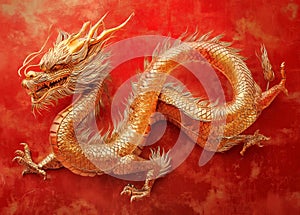 Chinese gold dragon in red on a red background for Chinese New Year, Chinese auspicious symbol photo