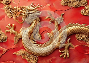 Chinese gold dragon in red on a red background for Chinese New Year, Chinese auspicious symbol photo