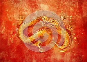 Chinese gold dragon in red on a red background for Chinese New Year, Chinese auspicious symbol photo