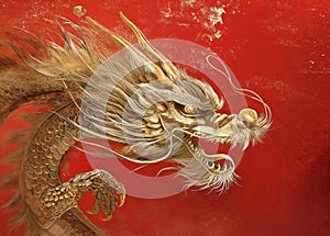 Chinese gold dragon in red on a red background for Chinese New Year, Chinese auspicious symbol photo