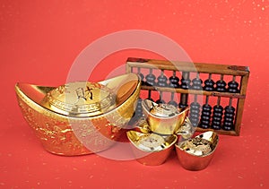 Chinese gold ingot and abacus mean symbols of wealth