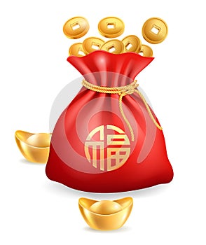 Chinese gold ingot golden coins and red bag. Vector illustrations