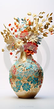 Chinese Gold Vase With Turquoise And Orange Flowers - Textile Installation