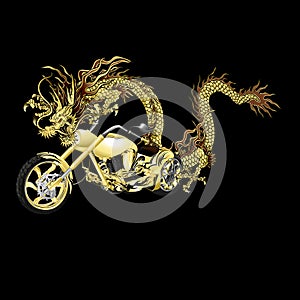 Chinese golden dragon with motorbike, black