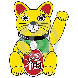 Chinese good fortune and luck cat in gold red and green symbolizing wealthy life and good fortune