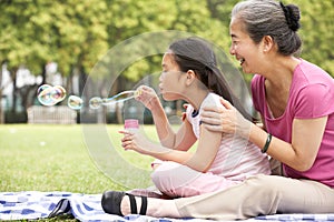 Chinese Grandmother With Granddaughter In Park photo