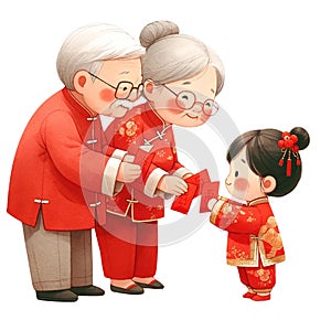 Chinese grandparent sending red packet to little girl clipart watercolor .AI Generate