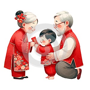 Chinese grandparent sending red packets to little boy clipart watercolor .AI Generate