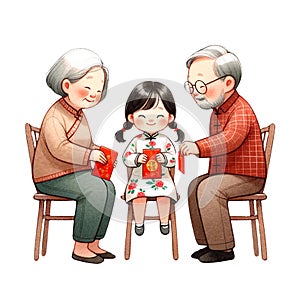 Chinese grandparent sending red packets to little boy clipart watercolor .AI Generate