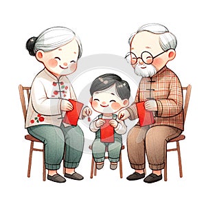 Chinese grandparent sending red packets to little boy clipart watercolor .AI Generate