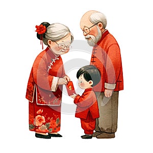 Chinese grandparent sending red packets to little boy clipart watercolor .AI Generate