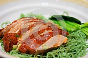 Chinese green noodle with roast duck and vegetable