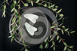 Gua sha stones on a plate with eucalyptus branches over black. Top view photo