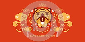 Chinese Happy New Year 2022. Horizontal banner. Year of the Tiger.  Chinese animal sign.