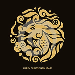 Chinese Happy New Year 2024. Year of the Dragon. Greetings card, emblem, round label design. Gold on a black