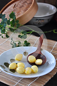 Chinese Healthy Food Ginkgo Nuts in Wooden Spoon