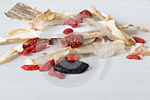 Chinese herbs ingredient isolated on white background. Selective focus.