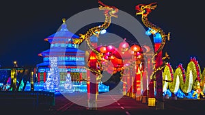 Chinese Horizontal background blue night dragon temple lantern Festival
