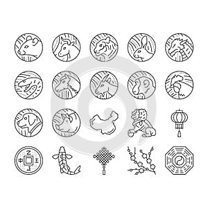 Chinese Horoscope And Accessory Icons Set Vector