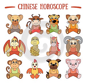 Chinese horoscope collection. Zodiac sign set. Pig, rat, ox
