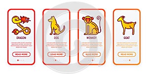 Chinese horoscope mobile user interface. Thin line icons: dragon, dog, monkey, goat. Modern vector illustration