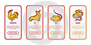 Chinese horoscope mobile user interface. Thin line icons: rooster, ox, rat, snake. Modern vector illustration