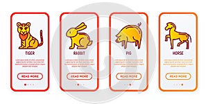 Chinese horoscope mobile user interface. Thin line icons: tiger, rabbit, pig, horse. Modern vector illustration