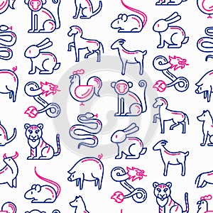 Chinese horoscope seamless pattern with thin line icons: rooster, ox, mouse, dragon, tiger, rabbit, pig, horse, dog, monkey, goat