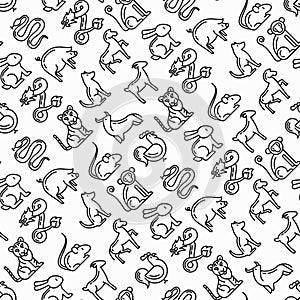 Chinese horoscope seamless pattern with thin line icons: rooster, ox, mouse, dragon, tiger, rabbit, pig, horse, dog, monkey, goat
