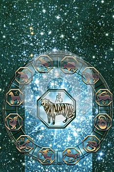 Chinese horoscope with the sign of tiger in center