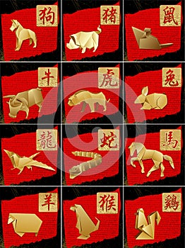 Chinese horoscope Symbols, a set of origami with h