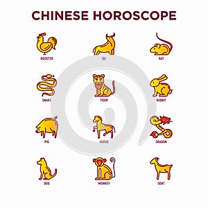 Chinese horoscope thin line icons set: rooster, ox, mouse, dragon, tiger, rabbit, pig, horse, dog, monkey, goat. Modern vector