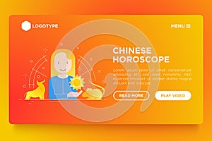 Chinese horoscope web page template. Astrologer with thin line animal icons around. Modern vector illustration