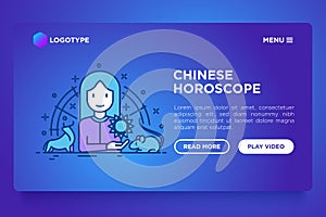Chinese horoscope web page template. Astrologer with thin line animal icons around. Modern vector illustration
