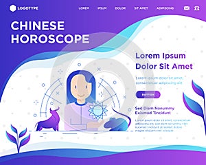 Chinese horoscope web page template. Astrologer with thin line animal icons around. Modern vector illustration