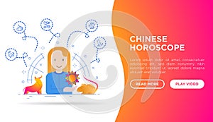 Chinese horoscope web page template. Astrologer with thin line animal icons around: rooster, ox, mouse, dragon, .dog. Modern