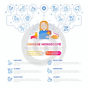 Chinese horoscope web page template. Astrologer with thin line animal icons around: rooster, ox, mouse, dragon, tiger, rabbit, pig