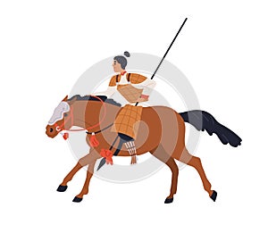 Chinese horse rider, warrior of Ancient China. Asian horseman riding horseback, armored with spear, lance. Oriental