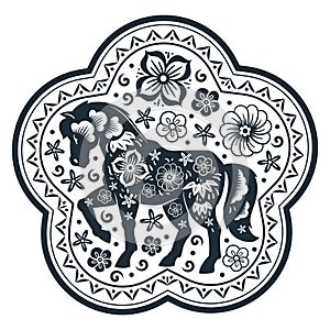 Chinese horse zodiac sign. Horoscope horse silhouette, oriental astrological calendar Lunar New Year equine sign flat vector