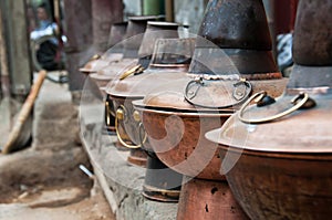 Chinese hot pot containers outside a Beijing restaurant