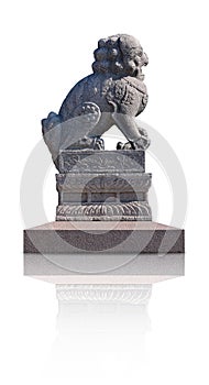 Chinese or Imperial guardian lion. Stone statue on granite pedestal isolated on white background. Design element with clipping